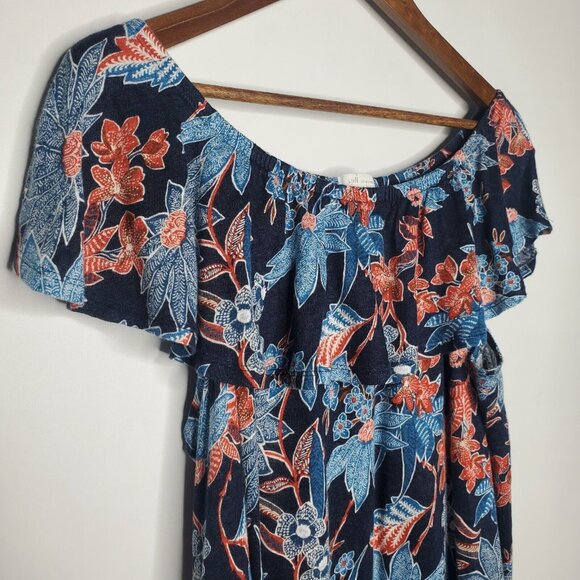 J Jill Womens Love Linen Blue Red Floral Off The Shoulder Blouse Size L Ruffled - Picture 2 of 10